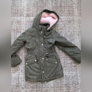 Olive Green Hooded Parka with Pink Lining, Girls Size 7/8